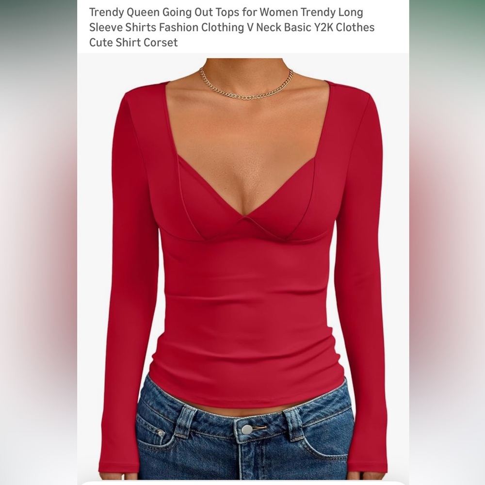 Red Long Sleeve V Neck Top